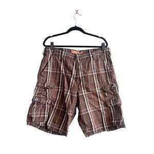 Lee Dungarees Mens Cargo Shorts Multiple Pockets Brown Plaid Size 36